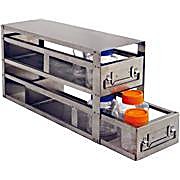 Rack w/ 2 Drawers for 8 Standard 2" Cardboard Boxes & 1 Drawer for Storage Bottles. 22 3/16 x 5 1/2 x 9 11/16 inches