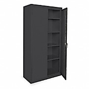 Storage Cabinet with adjustable shelves 36 X 18 X 72" Four fully adjustable shelves on 2" centers, plus raised bottom shelf, three point door lock system, three sets of hinges per door. Meets ANSI/BIFMA shelf standards, 180 lbs. capacity per shelf evenly